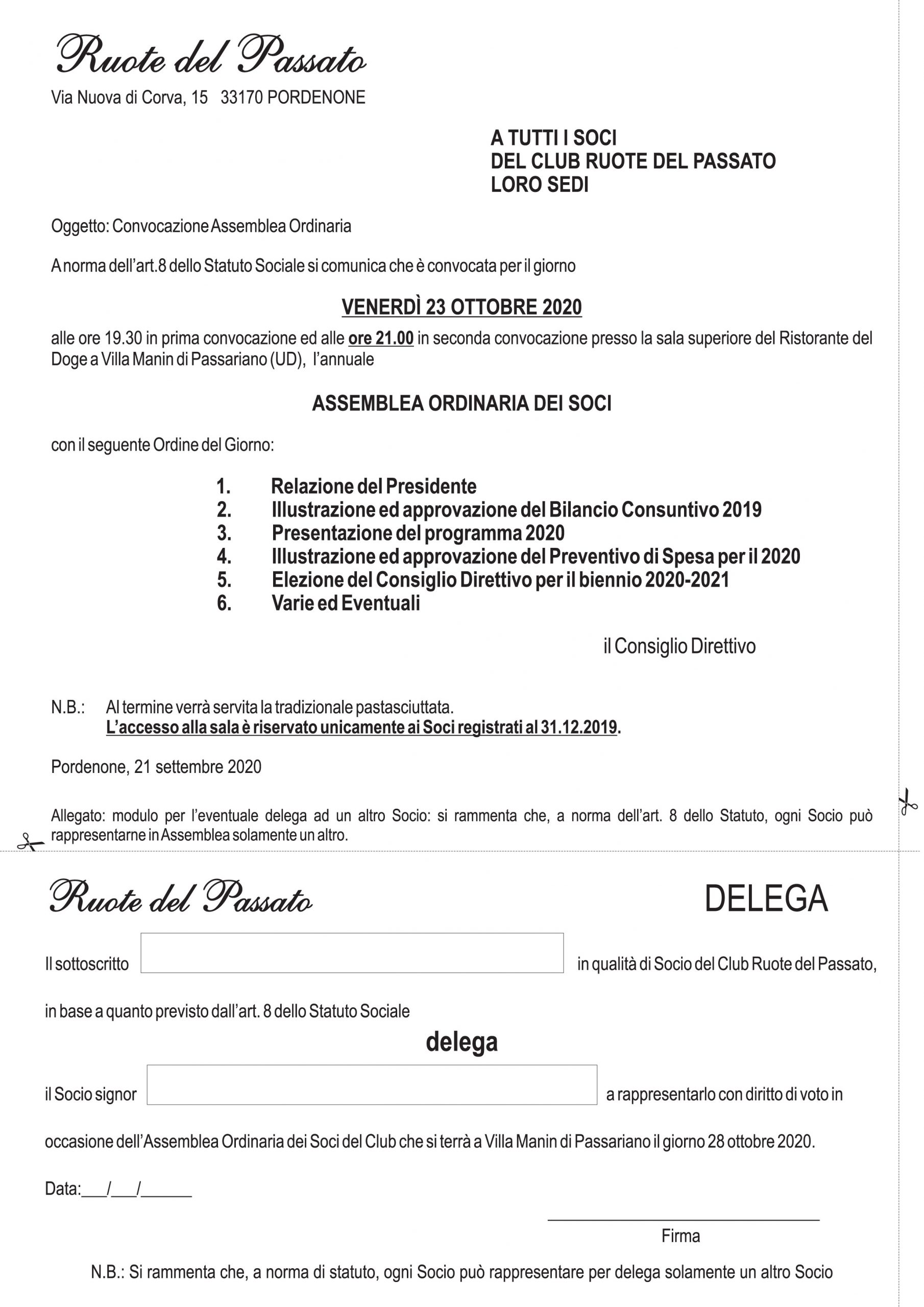 CONVOCAZIONE ASSEMBLEA ORDINARIA VENERDI 23 OTTOBRE 2020 CONVOCAZIONE ASSEMBLEA ORDINARIA VENERDI 23 OTTOBRE 2020